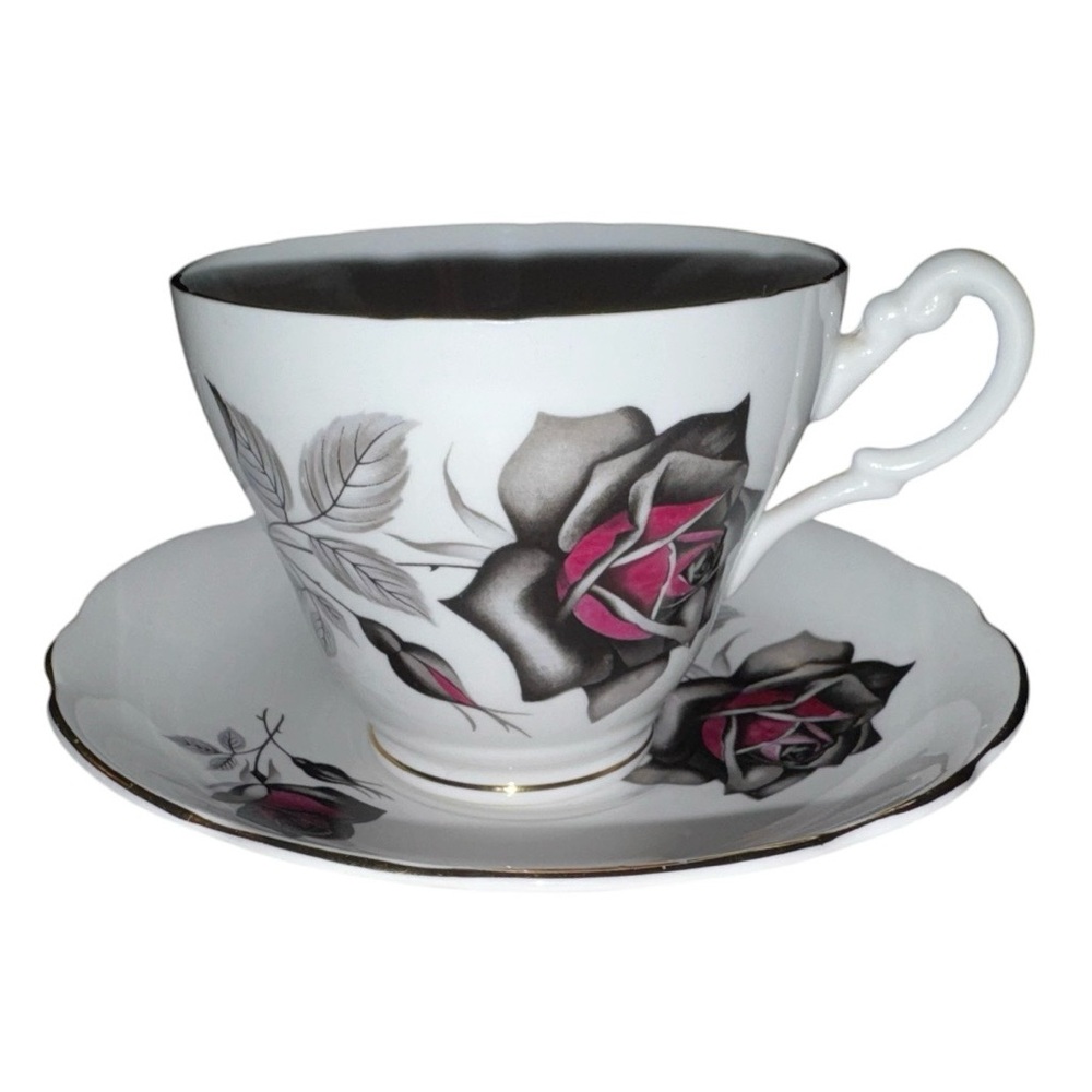 Vintage Royal Ascot Bone China Black & Red Rose Masquerade Tea Cup & Saucer+Gold